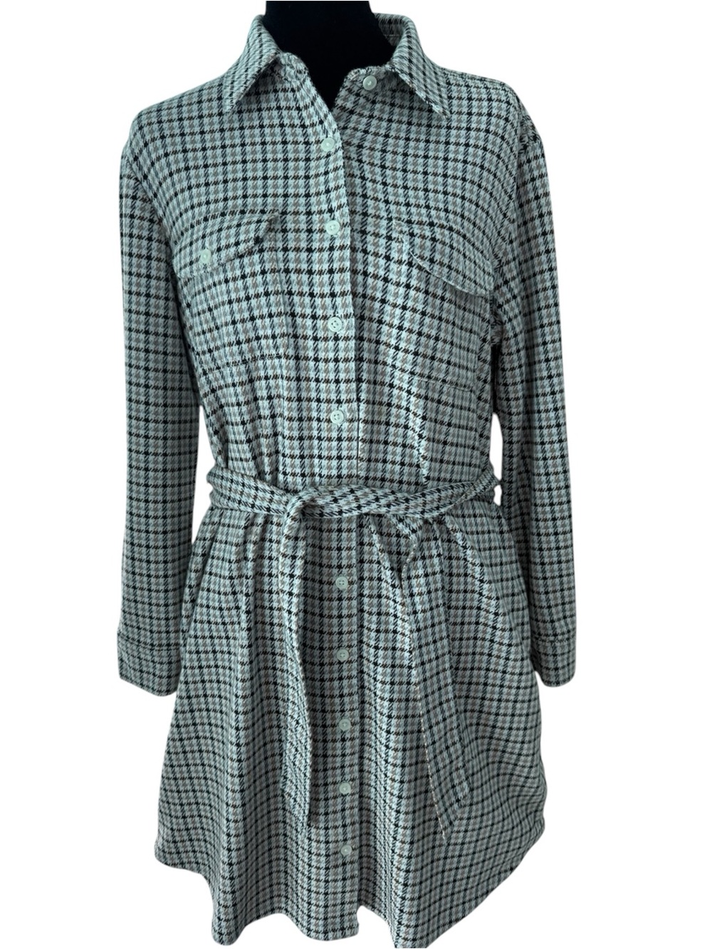 Lands' End Houndstooth Long-Sleeve Shirt Dress in Black and Brown. Size MP.